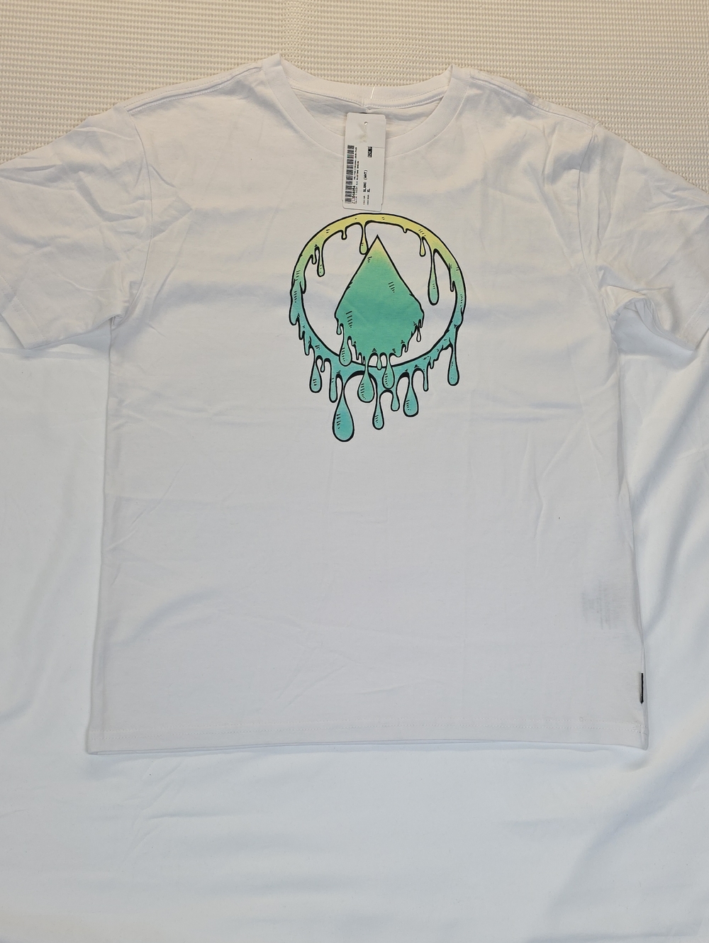 Volcom White Tee with Dripping Green-Yellow Logo XL Kids